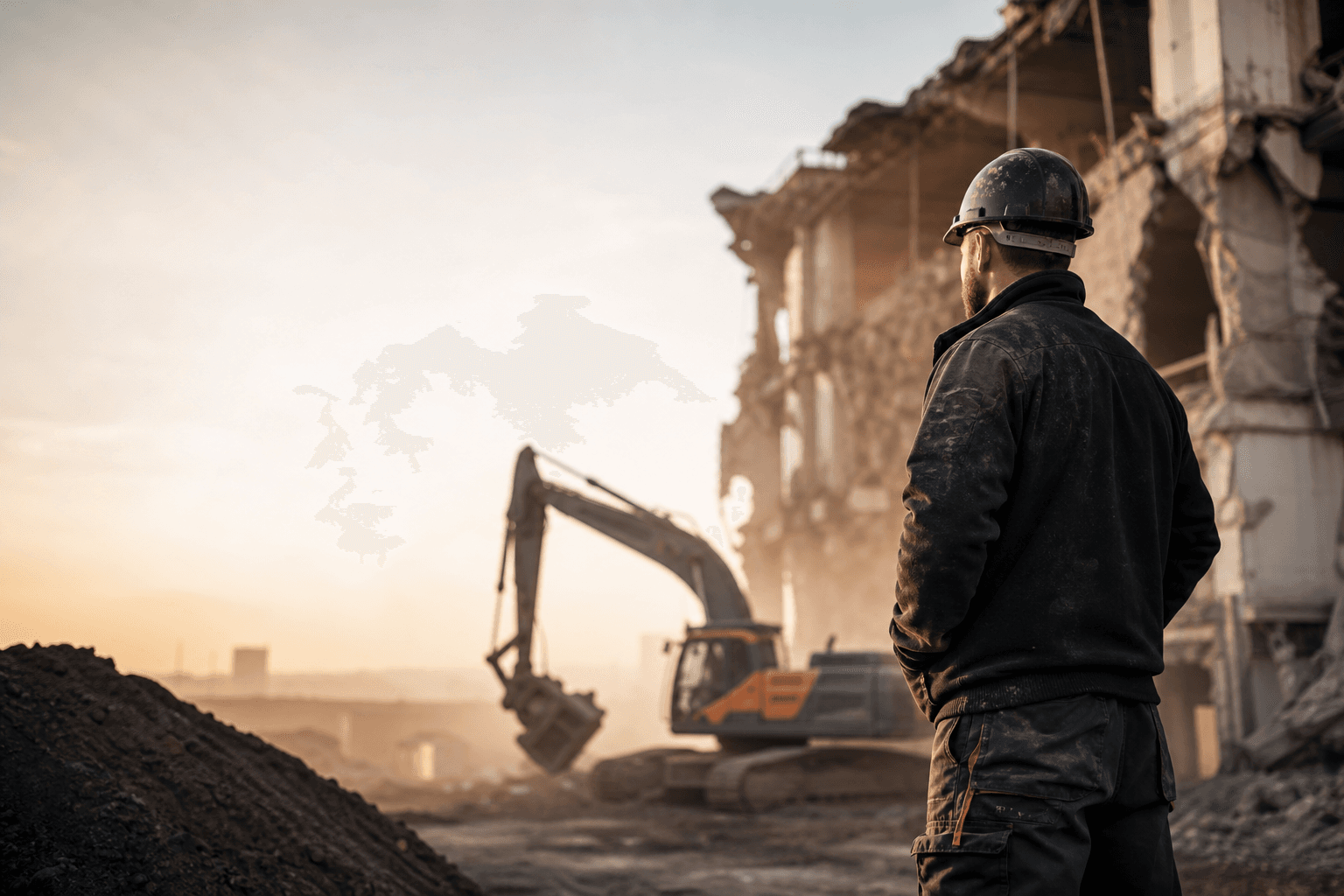 Hamann Mitarbeiter überblickt eine Abbruchbaustelle mit Bagger im goldenen Abendlicht