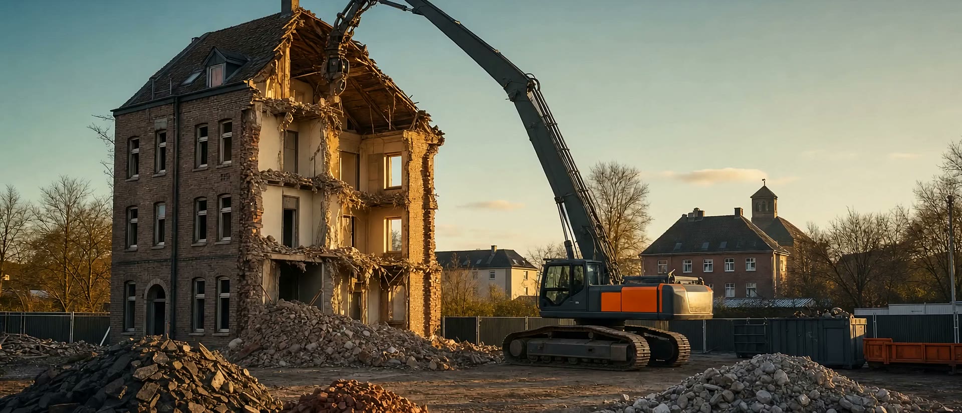 Abbruchbagger arbeitet an der Fassade eines Altbaus